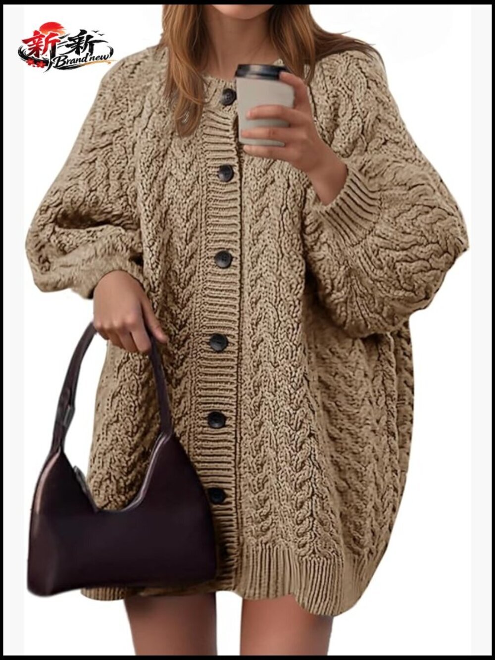 Oversized Cable Knit Cardigan Sweater Long Lantern Sleeve Button Down Crew Neck